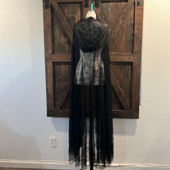 Lace Hooded Cloak Black Long  Cape Full Length Costumes Cosplay Gothic Cover Up - Picture 6 of 7